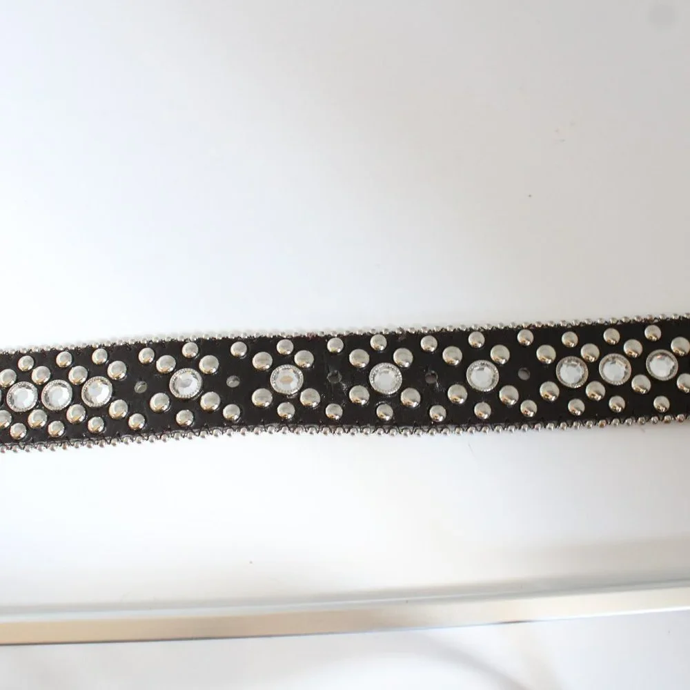 Western Women's Belt Brown Leather Square Rhinestone Conchos And Crystal Bling ~ - Picture 5 of 11